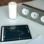 Tablet displaying stock market data on a desk with a candle and world clocks, symbolizing global trading.