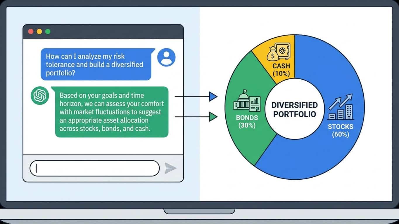 how to use chatgpt to analyze risk tolerance and build a diversified portfolio with laptop chat and portfolio pie chart