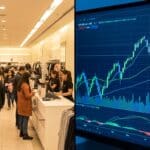A visual representation of a holiday retail sector investment strategy using stock charts and retail imagery.