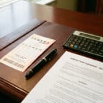 A Powerball jackpot financial strategy documents and lottery ticket on a desk.