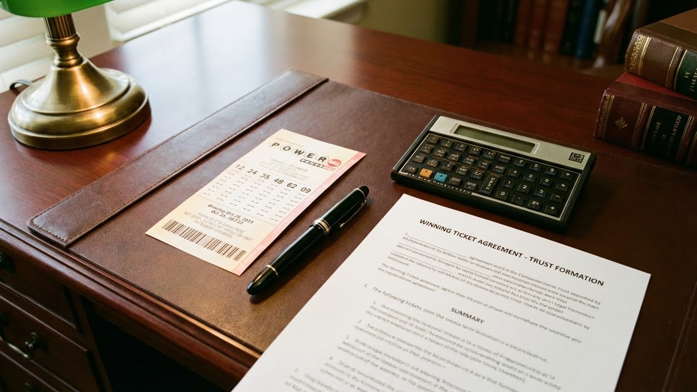 A Powerball jackpot financial strategy documents and lottery ticket on a desk.