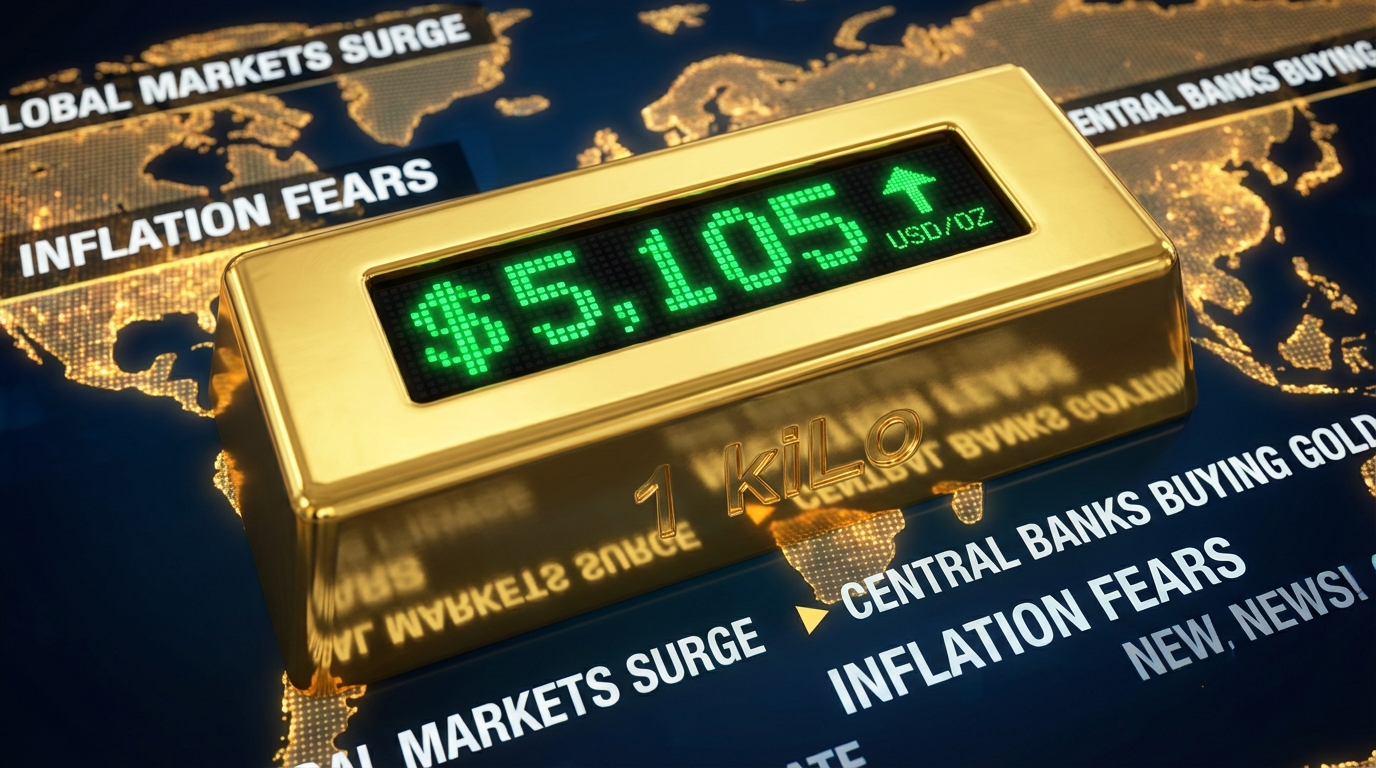A historic graphic illustrating the moment gold prices cross $5,100 for the first time.