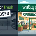 A professional graphic illustrating Amazon closing Fresh and Go stores while expanding Whole Foods locations.