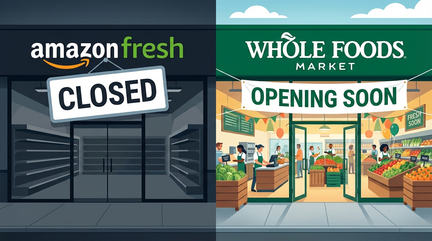 A professional graphic illustrating Amazon closing Fresh and Go stores while expanding Whole Foods locations.