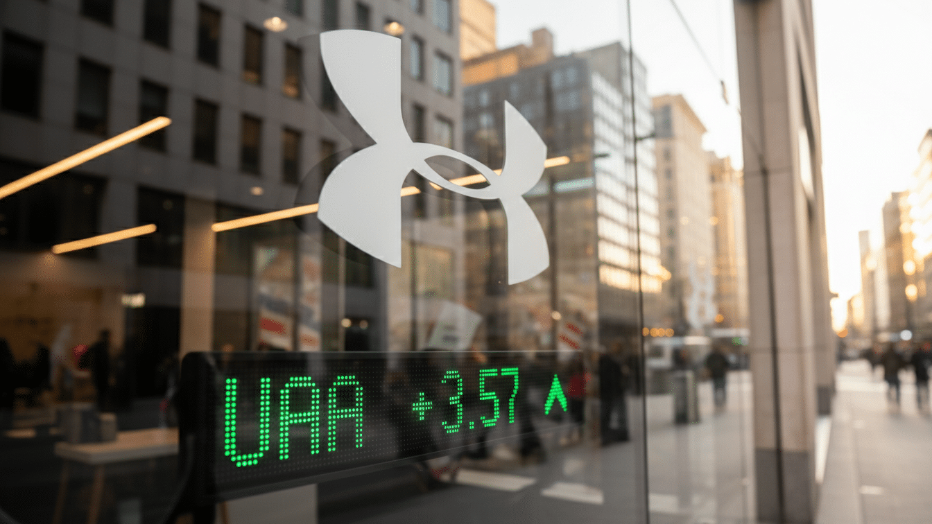 Under Armour surges after Fairfax Financial discloses 22% stake on a financial news ticker.