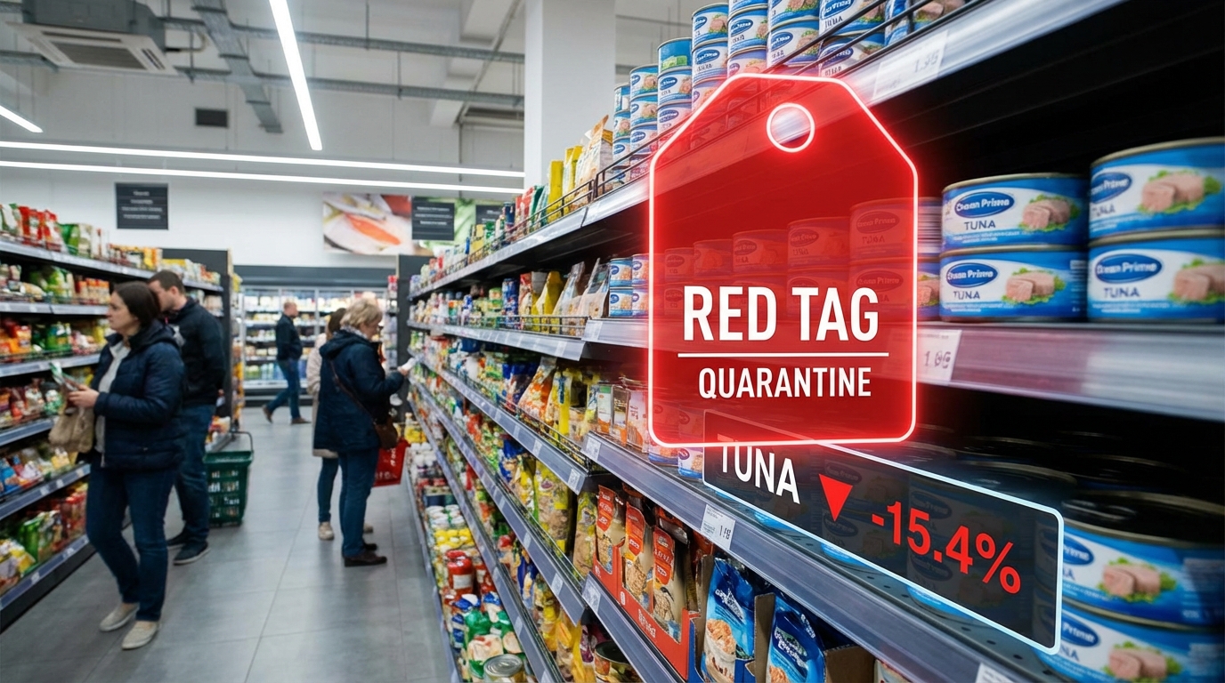 A financial graphic illustrating the 2026 tuna recall and the failure of the logistics quarantine system.