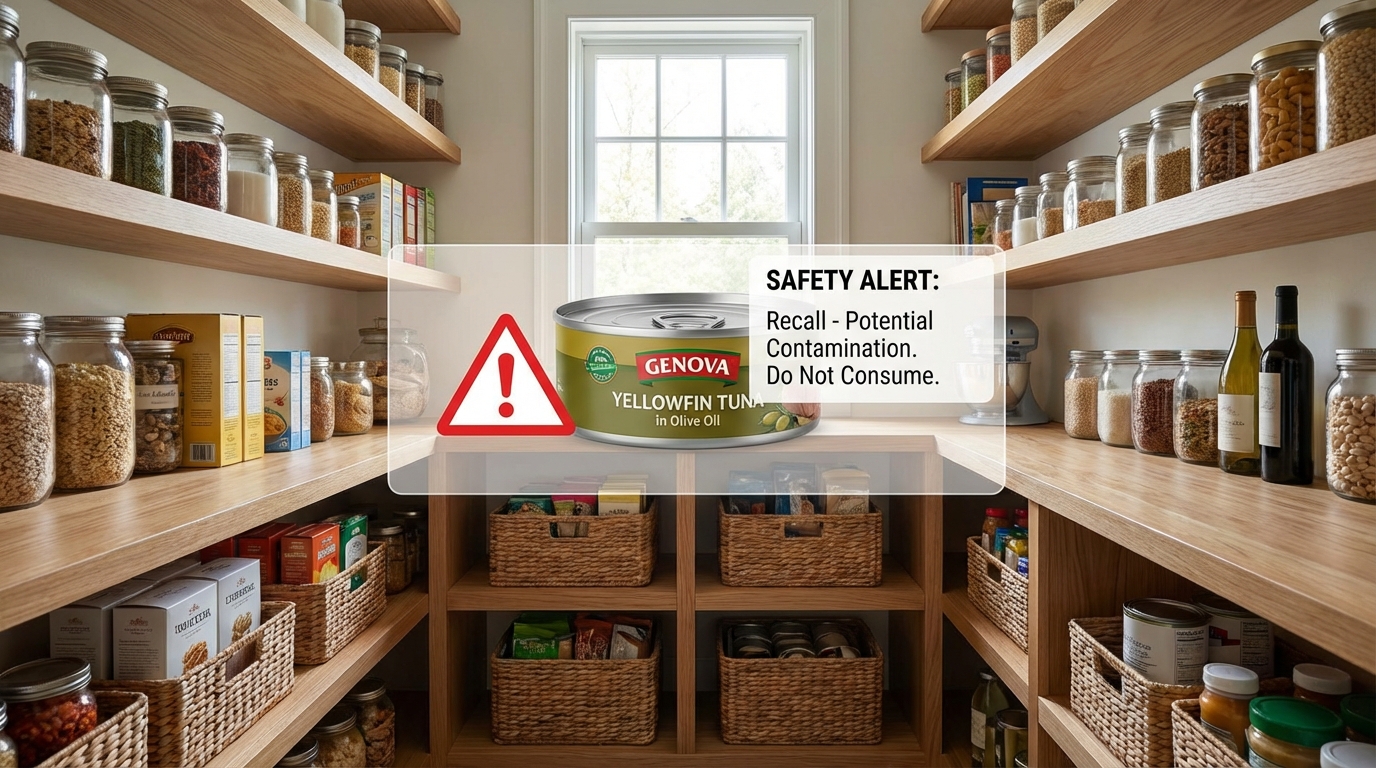 A visual guide to the Urgent Canned Tuna Recall January 2026, showing the affected Genova brand products.