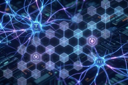 A professional graphic showing the best AI crypto projects to watch in 2026, illustrating the fusion of AI and blockchain technology.