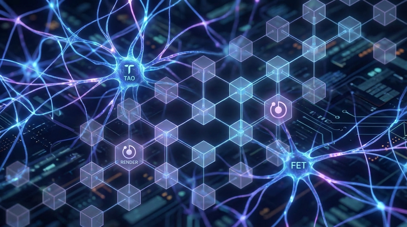 A professional graphic showing the best AI crypto projects to watch in 2026, illustrating the fusion of AI and blockchain technology.