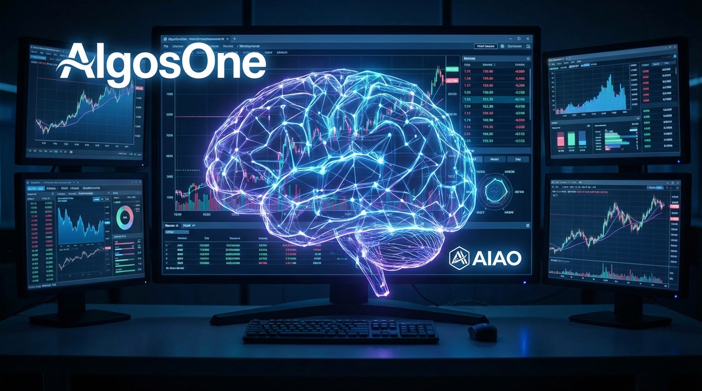 A conceptual illustration of AlgosOne AIAO neural network trading technology.
