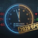 A financial graphic illustrating that the Doomsday Clock 2026: Scientists set new time at 85 seconds to midnight.