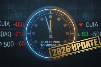 A financial graphic illustrating that the Doomsday Clock 2026: Scientists set new time at 85 seconds to midnight.
