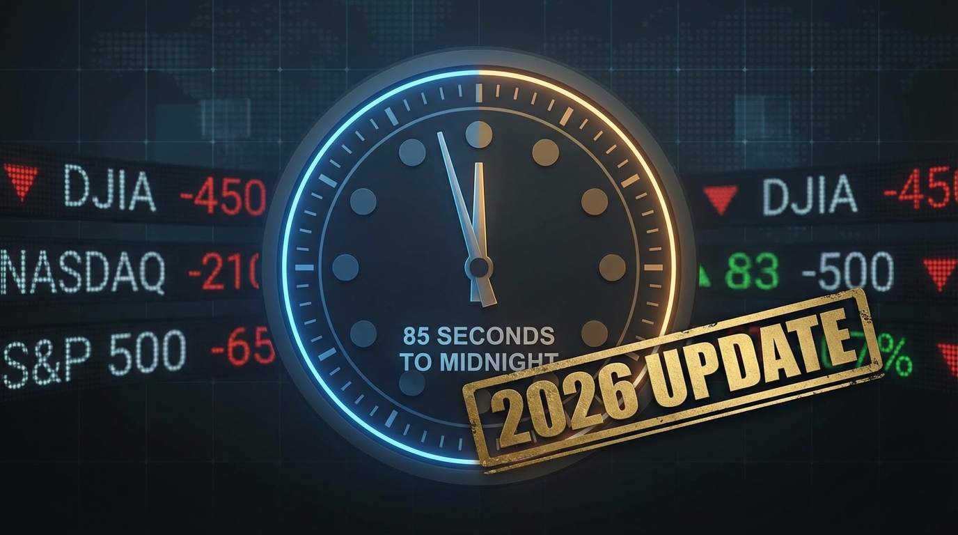 A financial graphic illustrating that the Doomsday Clock 2026: Scientists set new time at 85 seconds to midnight.