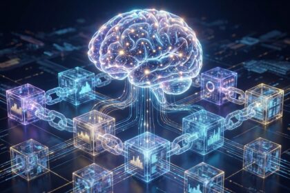 A high-tech graphic illustrating the impact of AI on decentralized finance (DeFi) and its role in modern wealth building.