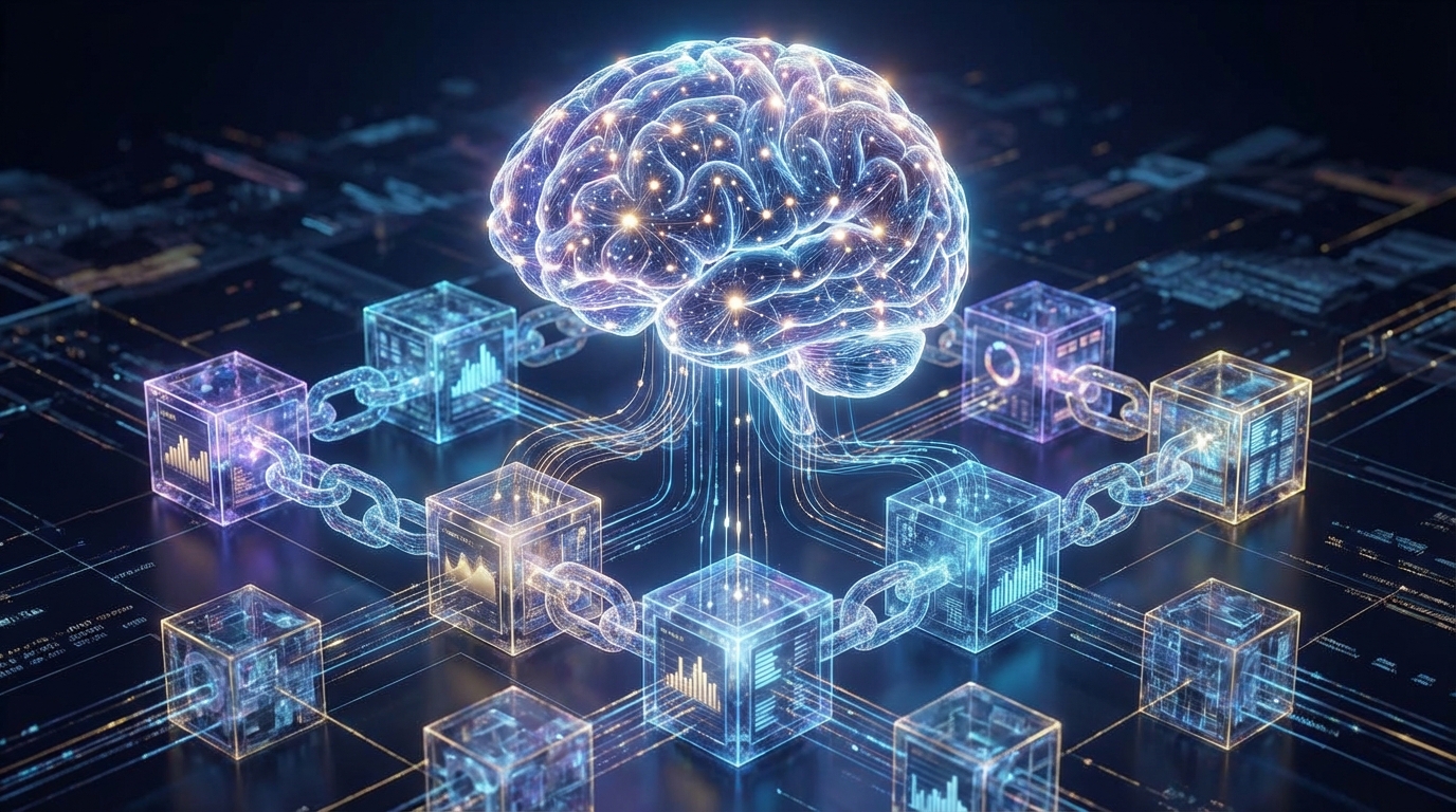 A high-tech graphic illustrating the impact of AI on decentralized finance (DeFi) and its role in modern wealth building.