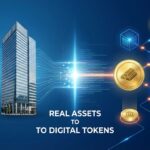 A high-tech illustration of tokenized real-world assets (RWAs) showing the bridge between physical property and digital blockchain tokens.