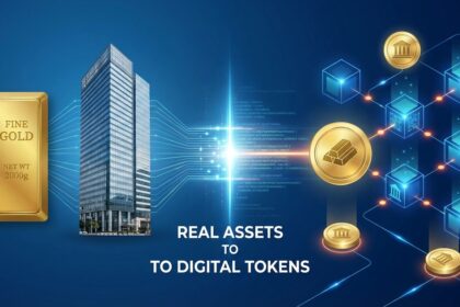 A high-tech illustration of tokenized real-world assets (RWAs) showing the bridge between physical property and digital blockchain tokens.