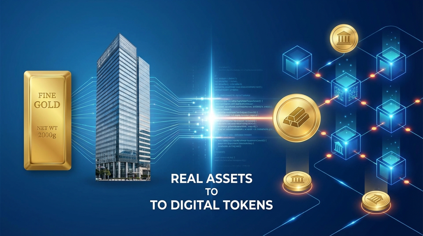 A high-tech illustration of tokenized real-world assets (RWAs) showing the bridge between physical property and digital blockchain tokens.