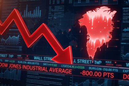 A financial graphic illustrating the stock market today with the Dow plummeting 800 points due to Greenland tariff threats.