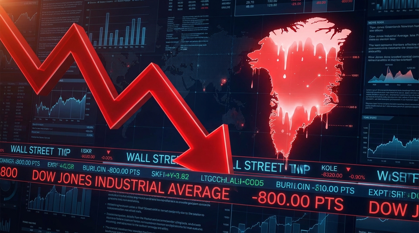 A financial graphic illustrating the stock market today with the Dow plummeting 800 points due to Greenland tariff threats.