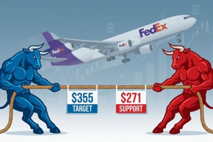 A financial graphic illustrating the FedEx stock tug-of-war between bullish price targets and recent downgrades.