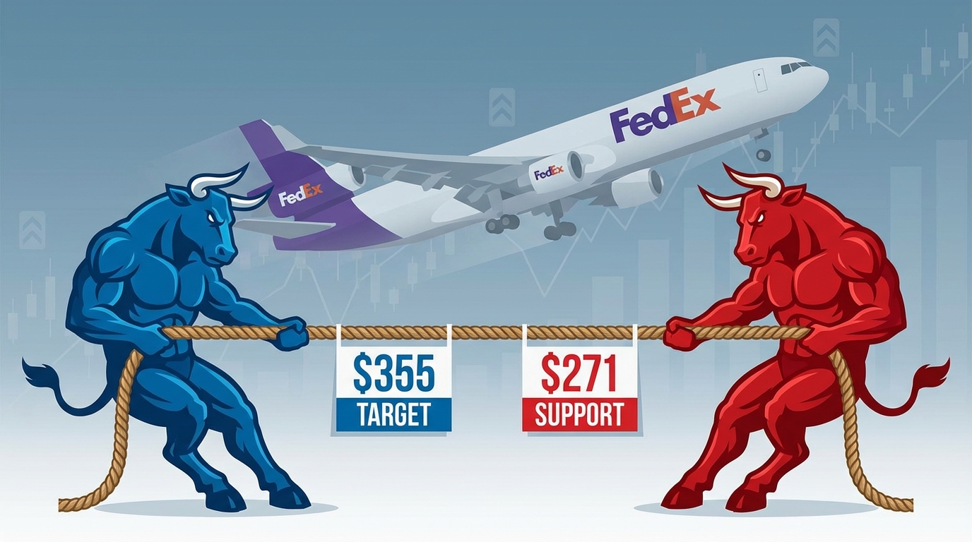 A financial graphic illustrating the FedEx stock tug-of-war between bullish price targets and recent downgrades.