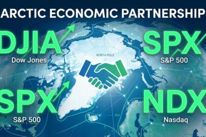 A financial graphic illustrating the rise of the Dow and S&P 500 in the stock market today following the Greenland tariff de-escalation.