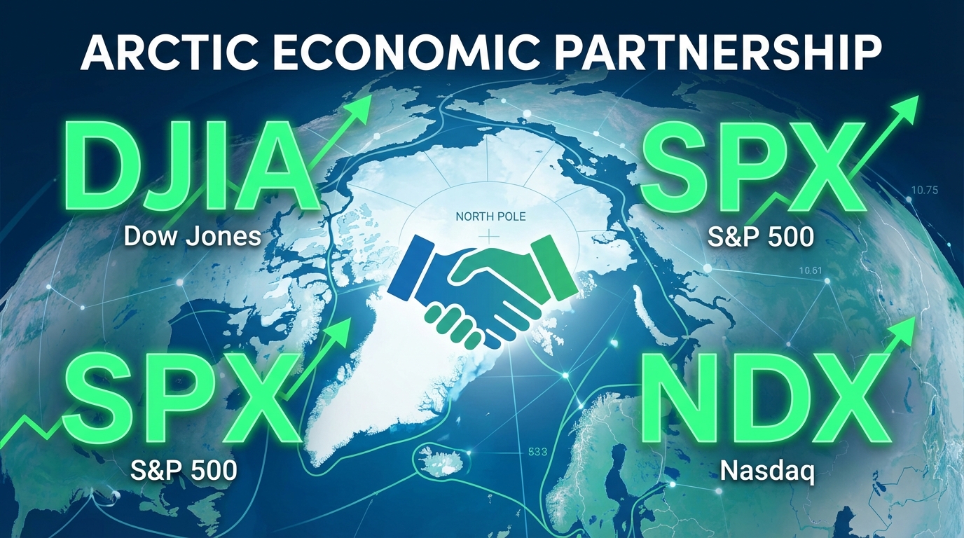A financial graphic illustrating the rise of the Dow and S&P 500 in the stock market today following the Greenland tariff de-escalation.