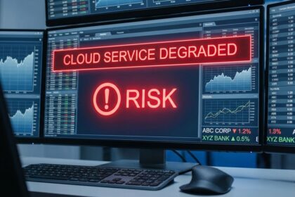A financial graphic illustrating the impact of a Microsoft outage on global business productivity and market volatility.