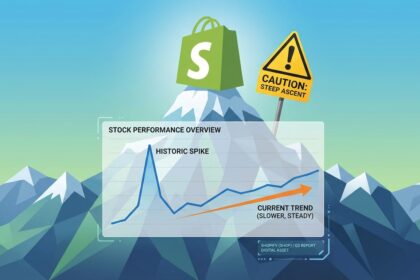 A financial graphic illustrating the maturity and valuation risks of Shopify stock in the 2026 market.