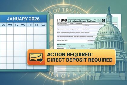 A financial graphic illustrating that the IRS tax season is here — and new rules could affect refunds for the 2025-2026 filing year.