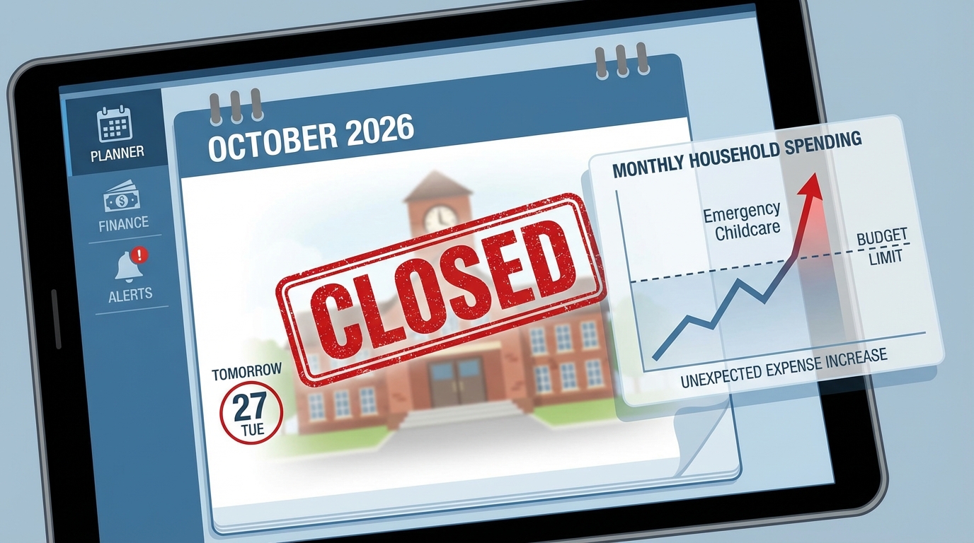 A financial graphic illustrating the budget impact and childcare costs associated with school closures tomorrow.