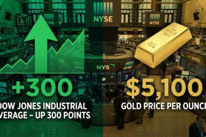 A financial summary of the stock market today showing indices and commodity record highs.