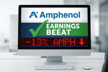 A financial graphic illustrating the news that Amphenol Blows Past Earnings Estimates. The Stock Sinks 13%.