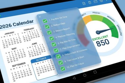 A financial graphic illustrating the 10 tips to improve your credit score in 2026.