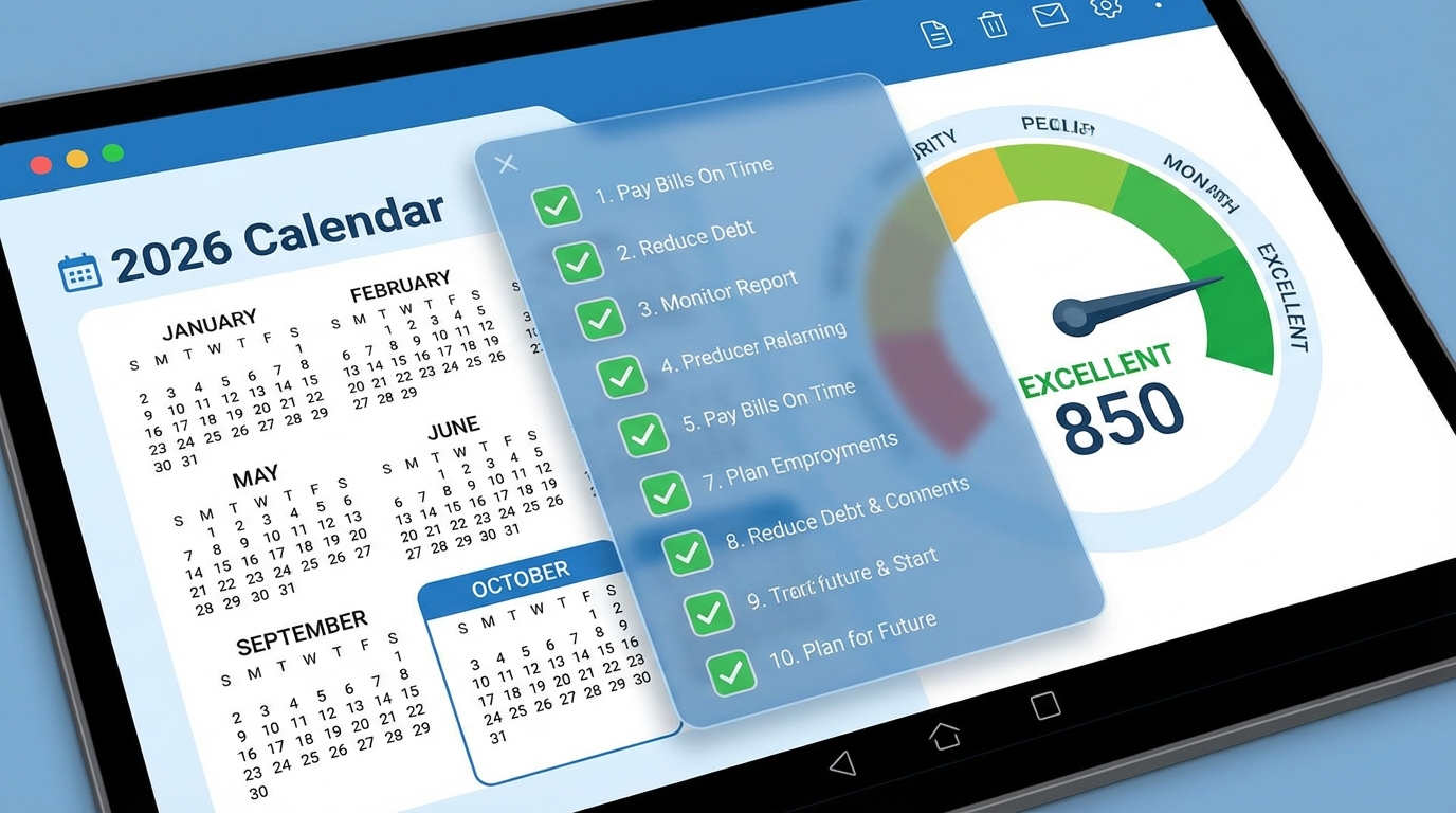 A financial graphic illustrating the 10 tips to improve your credit score in 2026.