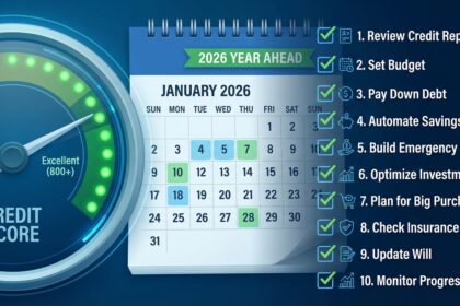 A financial graphic illustrating how to improve your credit score in 2026.