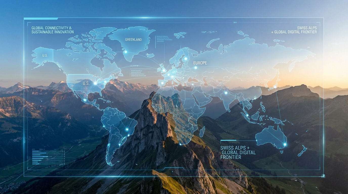 A financial analysis graphic illustrating Trump's Greenland agenda at Davos 2026 and its impact on global markets.