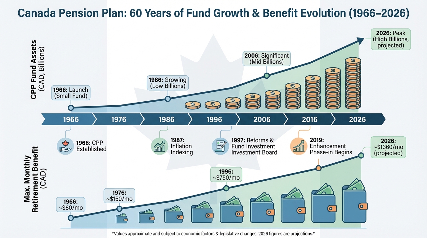An infographic explaining the growth of the Canada Pension Plan retirement pension over 60 years.