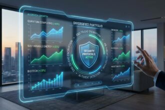 A high-tech dashboard showcasing the best financial planning tools for long-term growth in a 2026 economic environment.