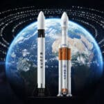 SpaceX and ISRO rideshare missions into SSO represented by two rockets and a satellite constellation.