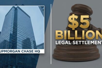 A financial graphic illustrating the news that Trump sues JPMorgan and Jamie Dimon over debanking allegations