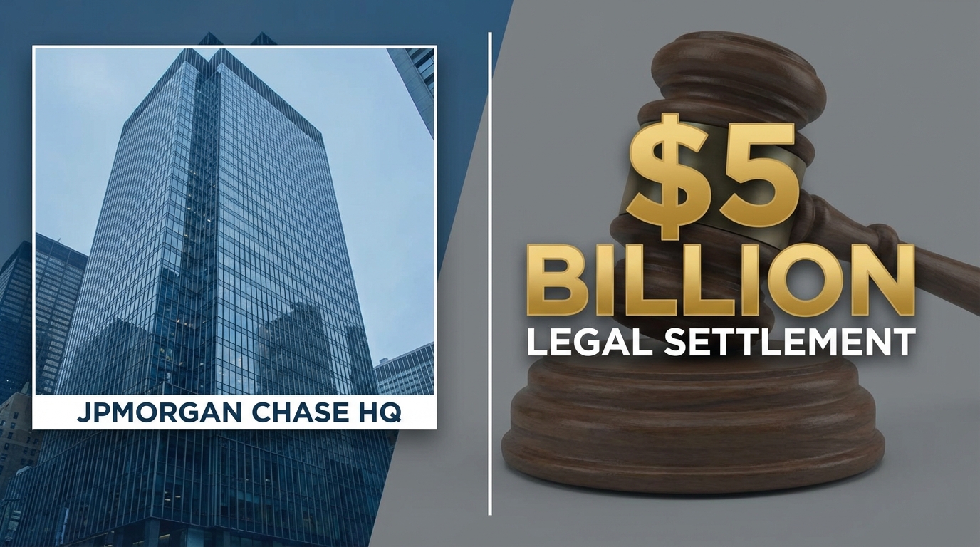 A financial graphic illustrating the news that Trump sues JPMorgan and Jamie Dimon over debanking allegations