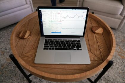 Close-up of a laptop displaying trading charts on a stylish wooden table, ideal for financial themes.