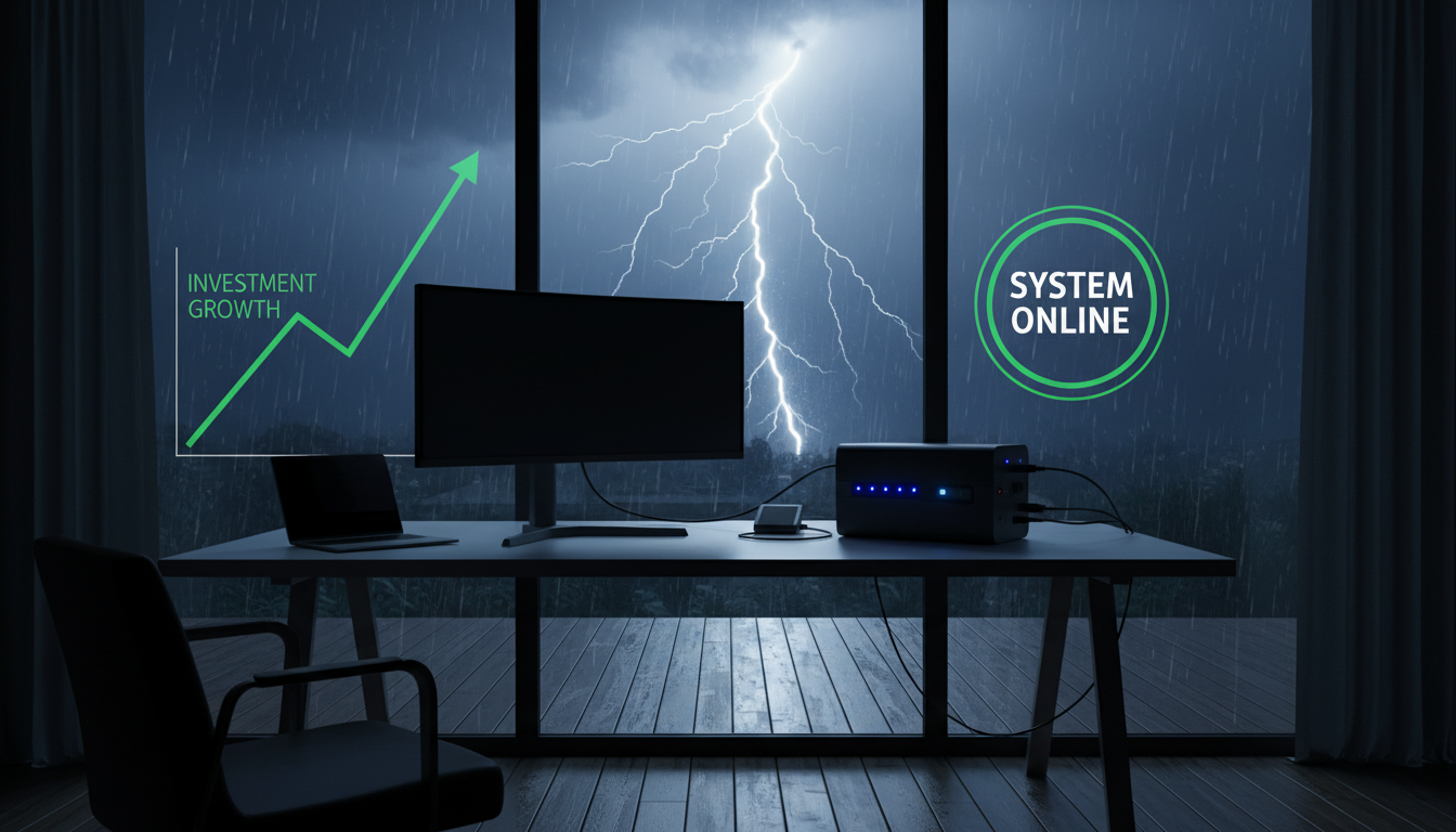 A professional home office demonstrating financial readiness for extreme weather and power outages with backup power.
