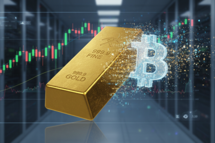 A conceptual image explaining what is Bitcoin digital gold by comparing it to physical gold bars.