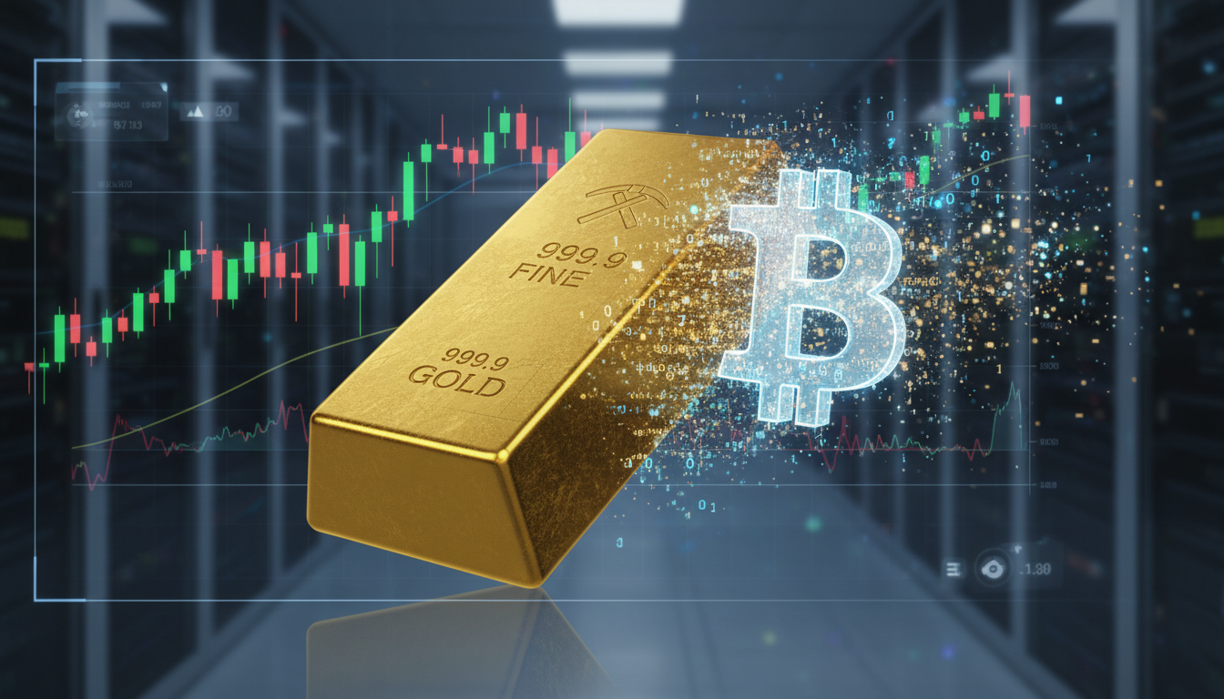 A conceptual image explaining what is Bitcoin digital gold by comparing it to physical gold bars.