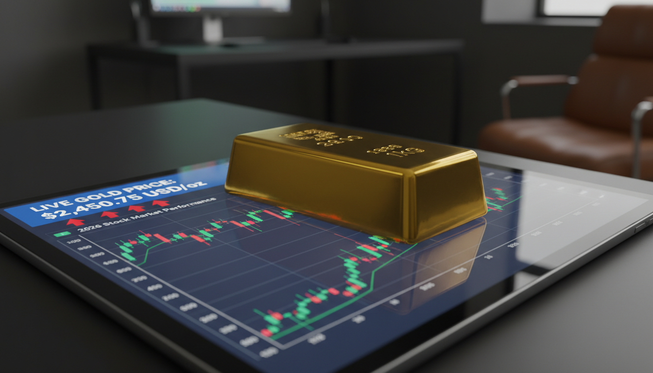 A digital finance dashboard showing the current gold rate today and 2026 price trends.