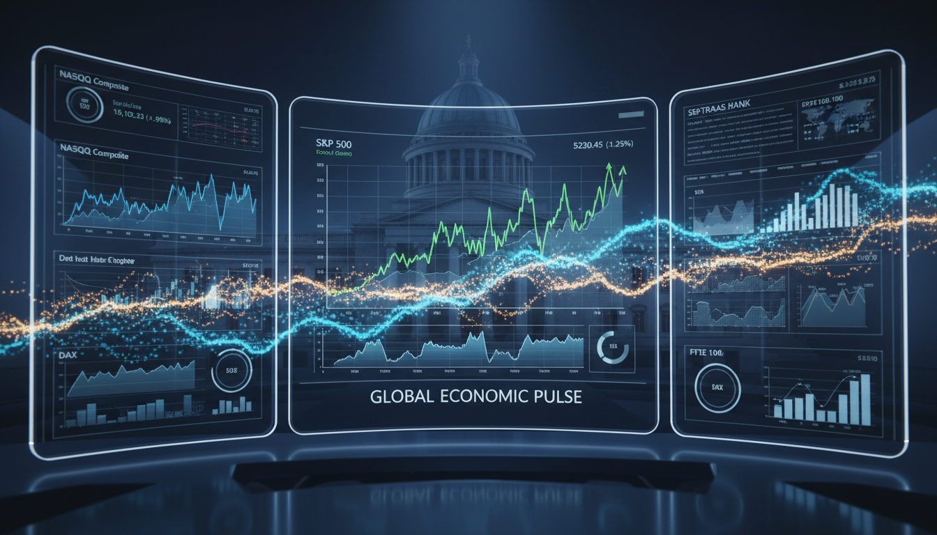 A professional financial dashboard illustrating the various factors shaping the stock market in 2026.