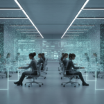 A visualization of AI leverage in business scaling showing a small team managing a global enterprise.